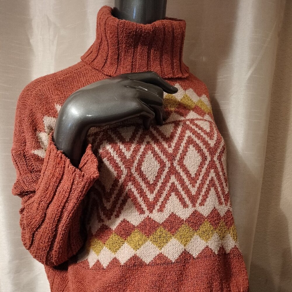 Vintage SO Cropped Rust Sweater Size XS Turtleneck Pullover Argyle Long-sleeve